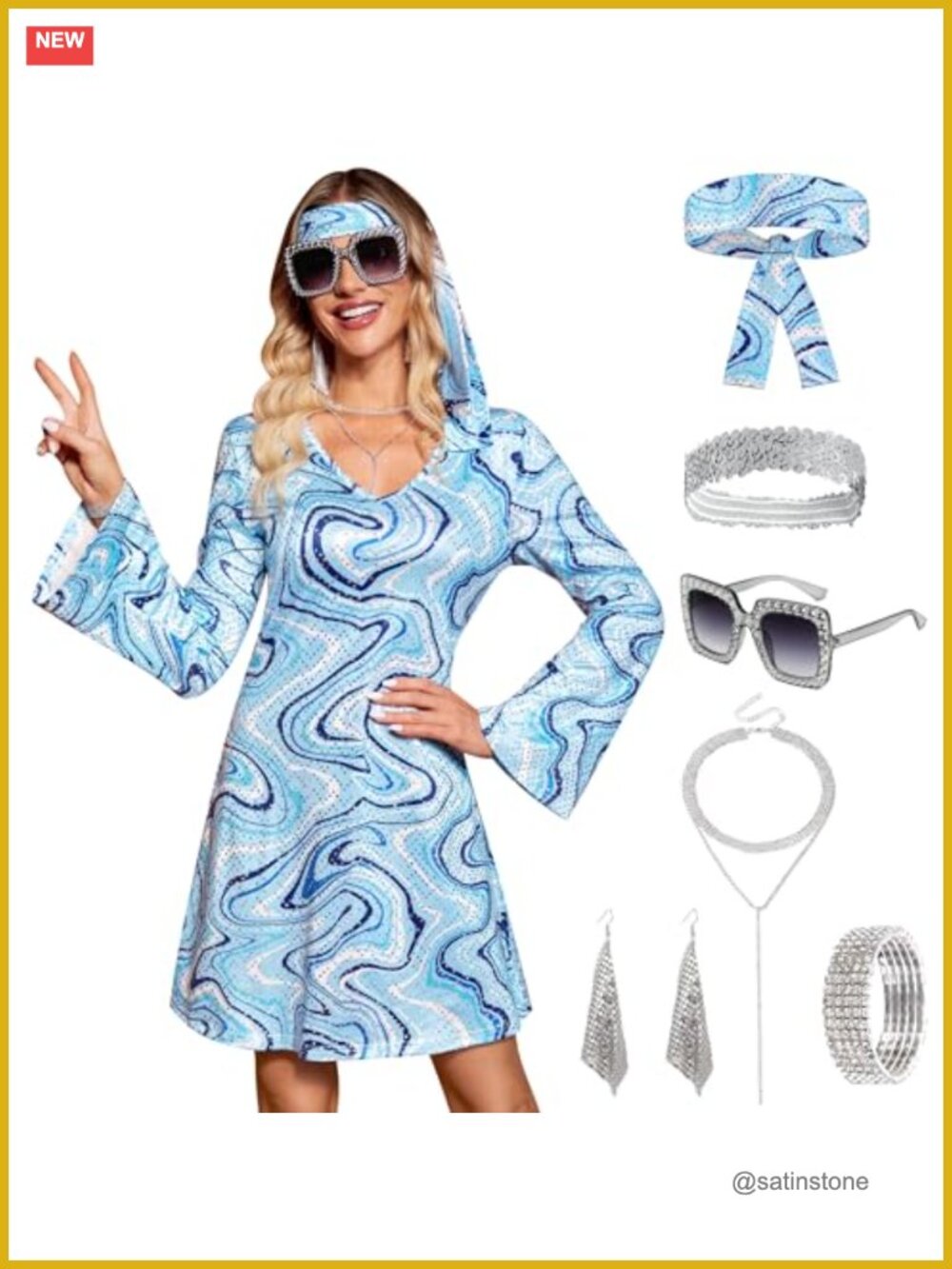Womens 7 Piece Disco Costume Set Sequin Dress Long Sleeve Halloween Party Outfit